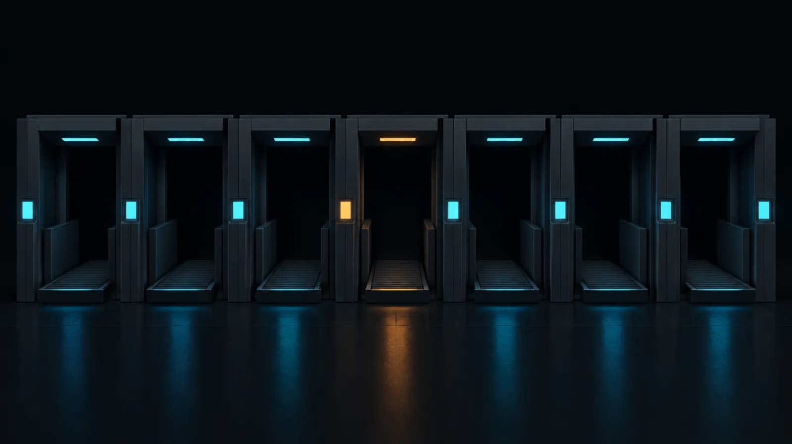 A row of inspection bays with one highlighted, symbolising casino reviews
