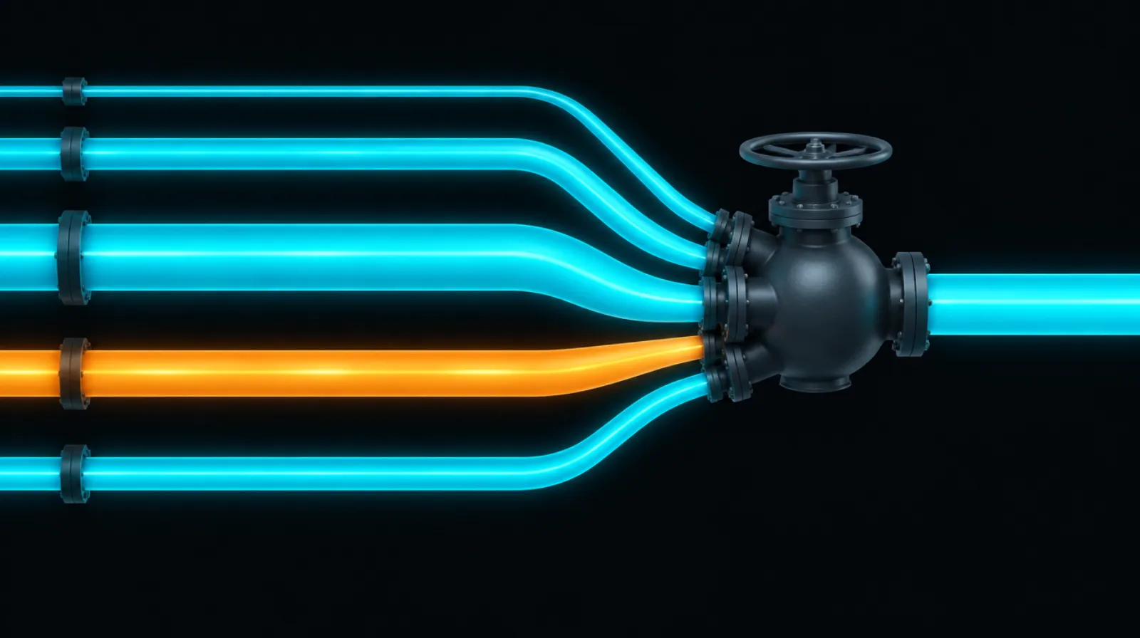 Several pipelines converging into one valve, representing payment methods