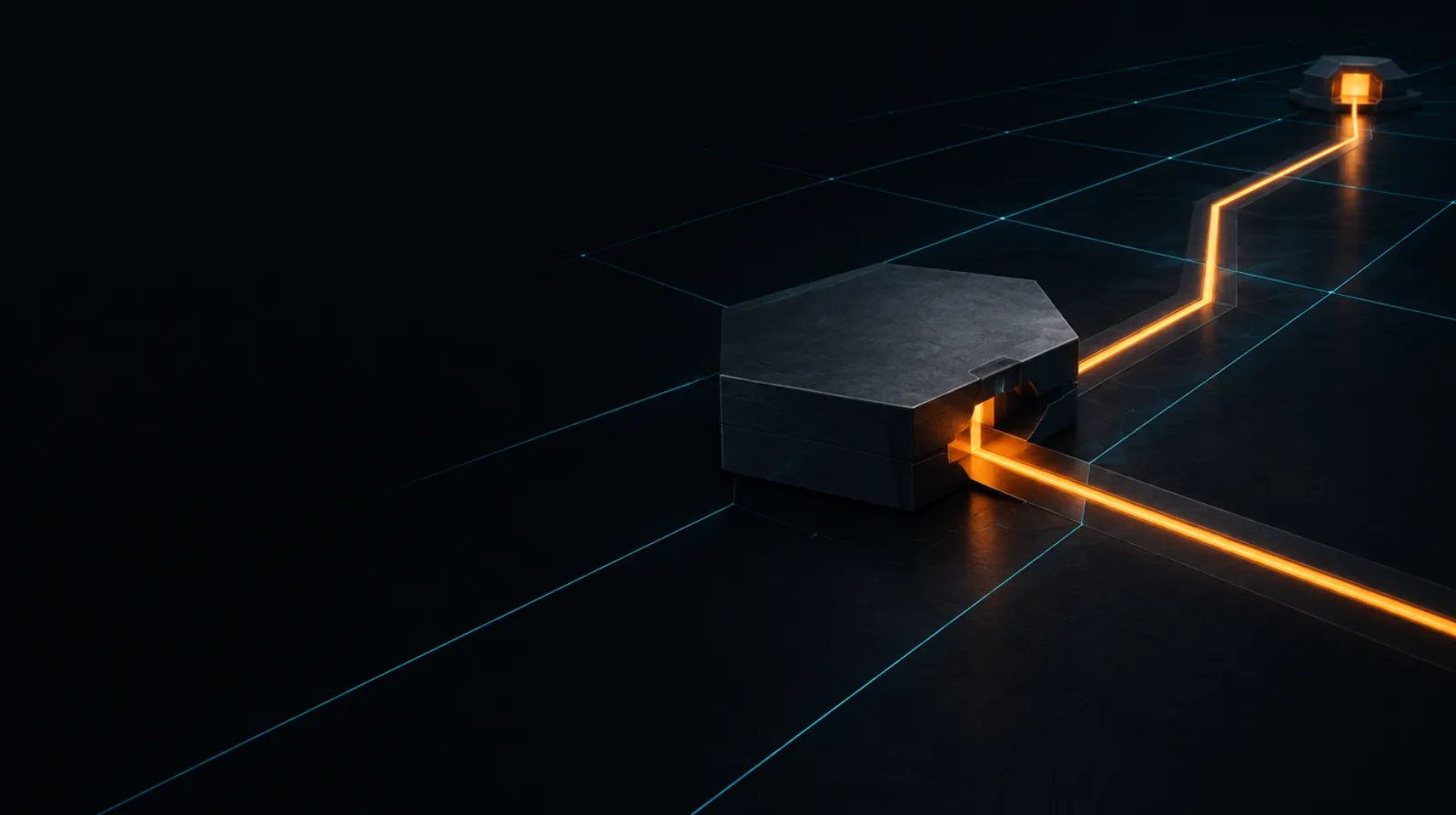 An orange route of light leaving a charcoal block, symbolising a Bitcoin transaction