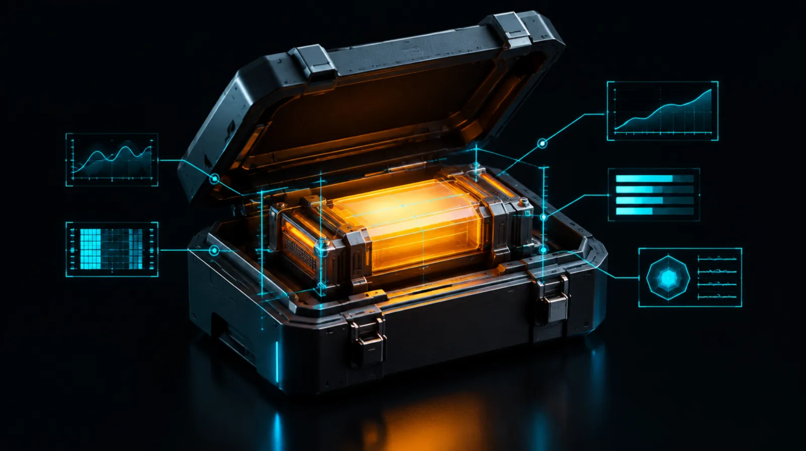 An opened case with a glowing core under measurement lines, symbolising bonus terms checked