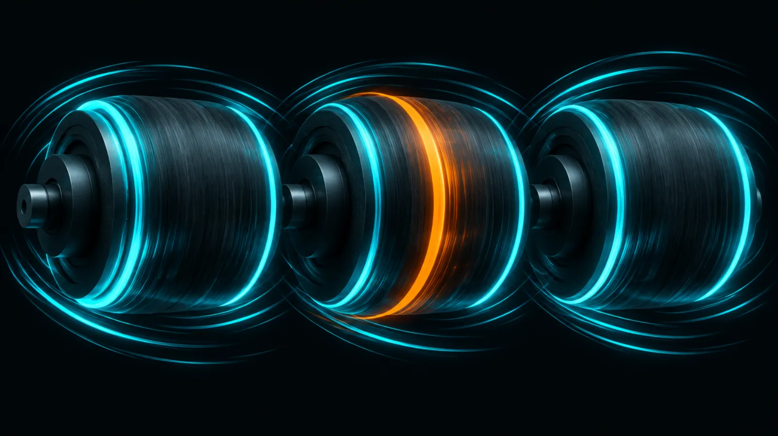 Three spinning cylinders with light trails, representing free spins