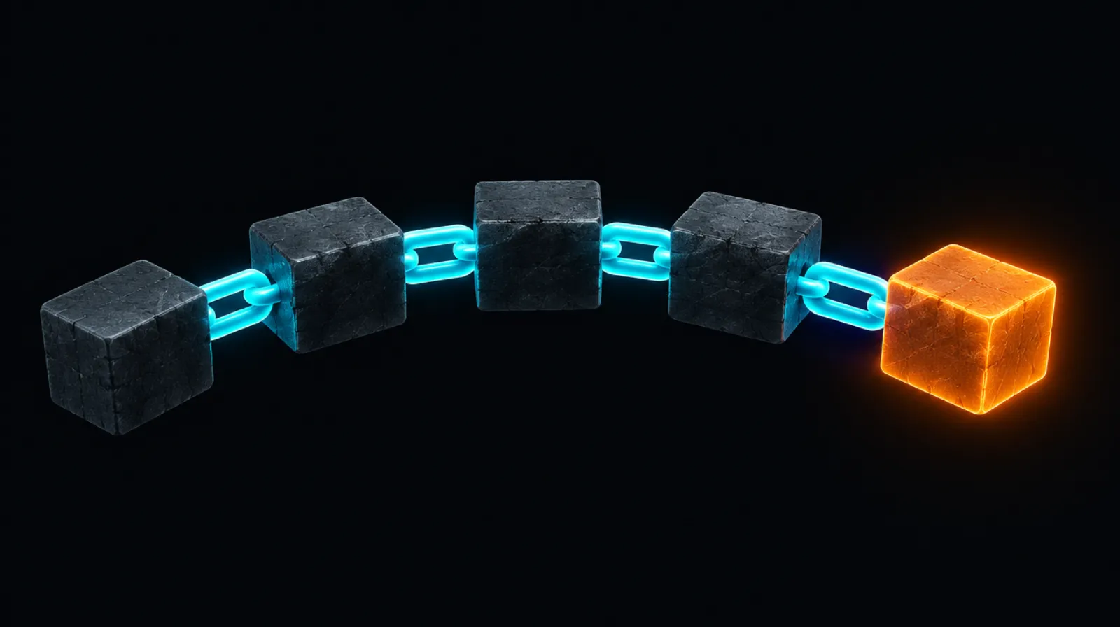 A chain of linked blocks ending in a glowing block, representing a confirmed crypto payment