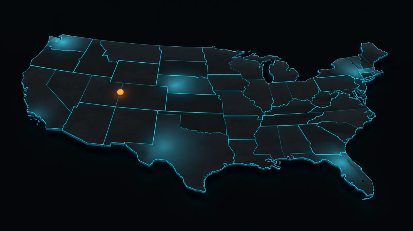 Outline grid of US states with few regions lit, representing state-by-state rules