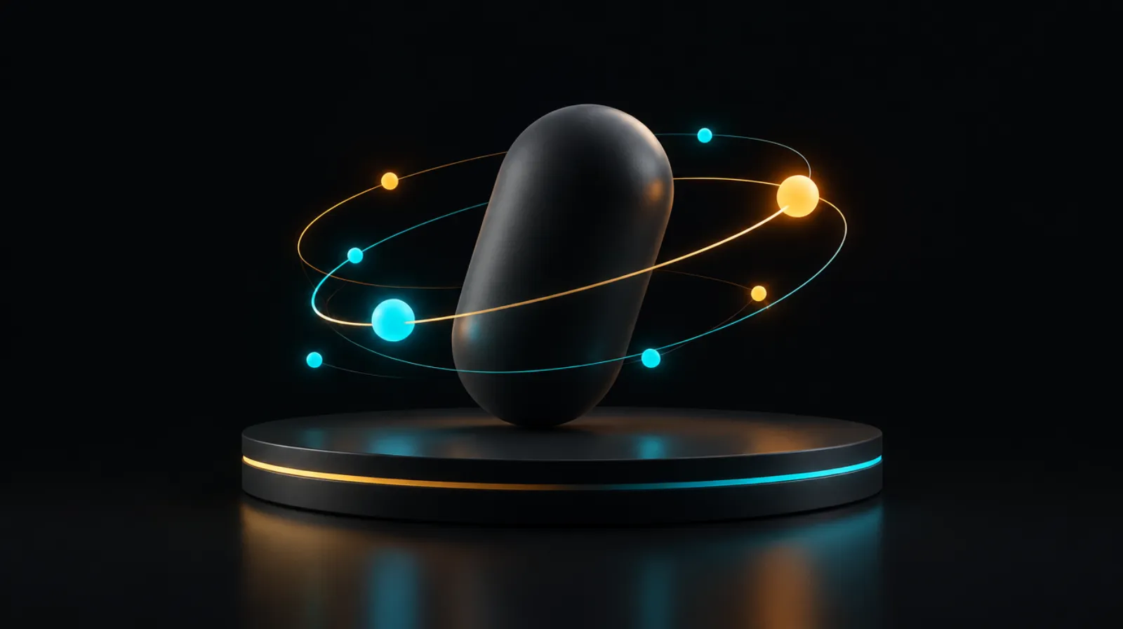 A rounded capsule with orbiting lights, symbolising Dogecoin