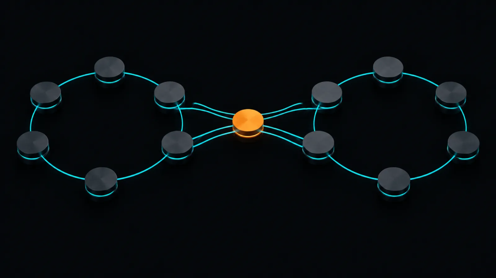 Two rings of nodes bridged by a central link, symbolising XRP settlement