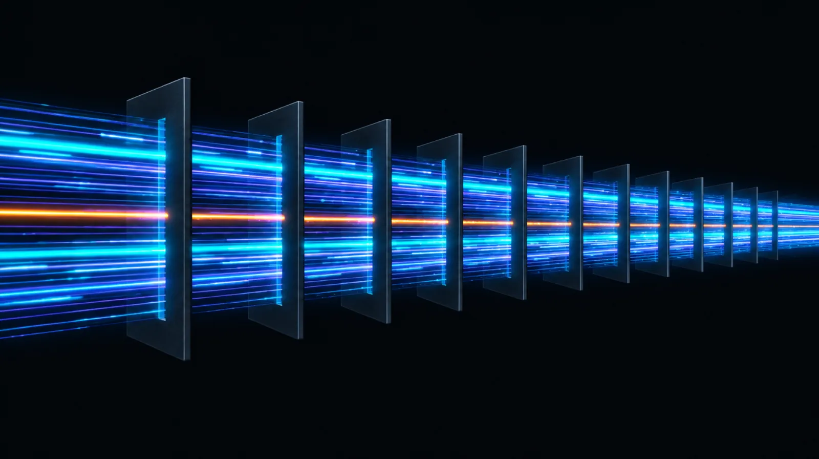 Fast streaks of light passing through gates, symbolising Solana throughput