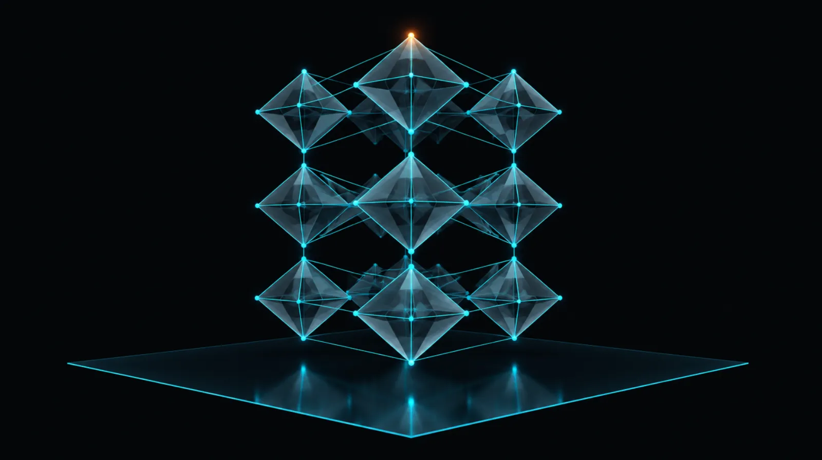 Translucent lattice of linked crystals representing the Ethereum network